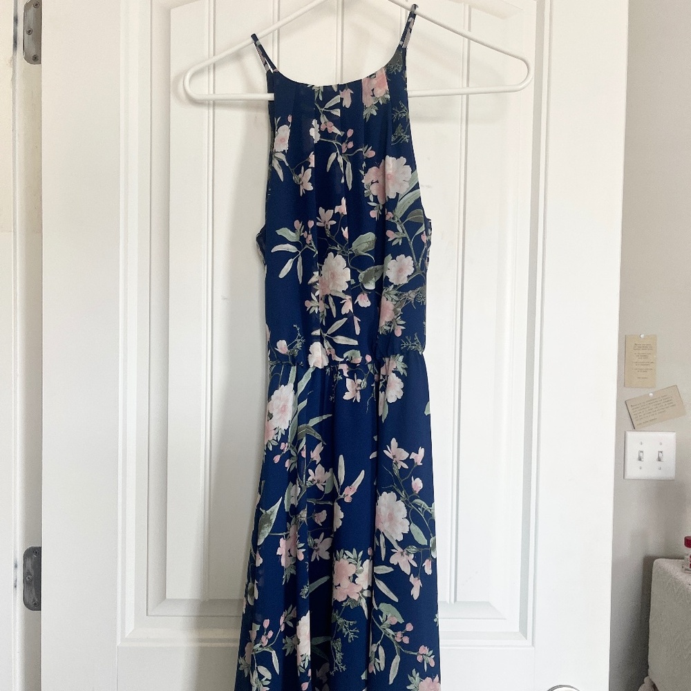 Francesca's Blue Floral Print Midi Dress Halter Neck Flowy XS